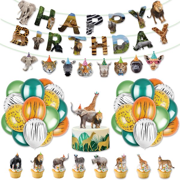 56Pieces Safari Animals Birthday Party Decorations Include Animals Birthday Banner Jungle Balloons Cupcake Toppers for Boys Girls Wild Jungle Theme Decorations Safari Theme birthday Decorations