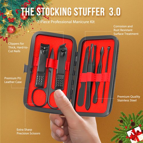 Stocking Stuffers for Adults Men Women, 7 PCS Manicure and Pedicure Nail Care Kit, Nail Clipper Set Tool Christmas Gift Mens Nail Grooming Kit with Funny Santa Christmas Gift Box (Black)