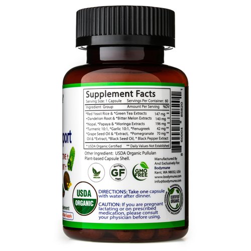 Bodymune Cholesterol Support | 60-Day Supply | Organic Extracts of Green Tea, Bitter Melon, Red Yeast Rice, Dandelion, Pomegranate, Nopal, Moringa & Organic Oils | 100% Vegan Non-GMO Gluten-Free