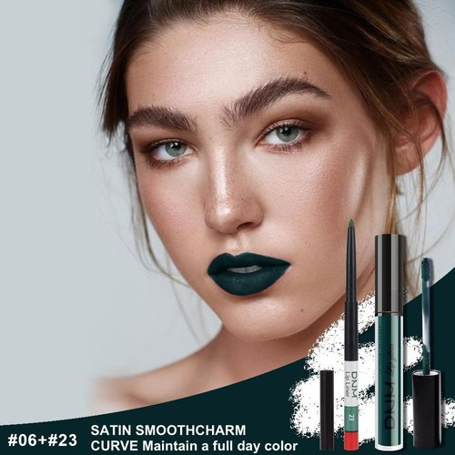 AMY'S DIARY 2Pcs Dark Green Matte Lip Liner and Lipstick Makeup Set, Green Lip Stain Lip Gloss Matt Liquid Lipstick 24H Long Lasting lapiz labiales mate 24 horas originales larga duracion