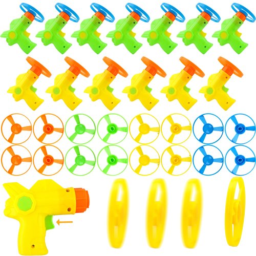 Cagemoga 70 Pack Flying Disc Launcher Toy Novel Flying Saucer Disc Toy with 14 Pcs Launchers and 56 Pcs Flying Saucers for Kids Outdoor and Indoor Games Birthday Party Favors