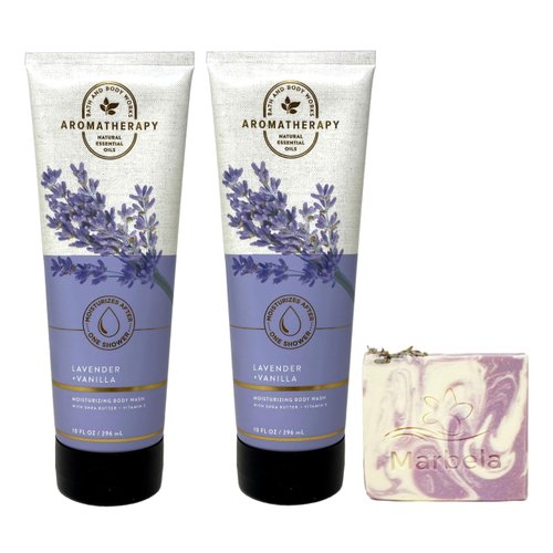 Bath & Body Works Aromatherapy Lavender + Vanilla 2 Pack Moisturizing Body Wash Set with a Lavender Dream Bar Soap - Full Size