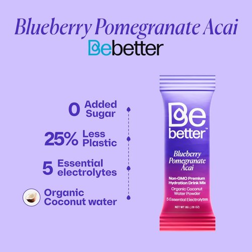 BeBetter Organic Electrolytes Powder Packets | Electrolyte Drink Mix | Organic Coconut Water | No Artificial Flavors | Sugar Free Hydration Packets | Non-GMO | 22 Sticks (Blueberry, Pomegranate, ACAI)