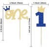 Ephlyn 24Pcs 1st Birthday Cupcake Toppers Glitter Crown One Cake Topper Decorations First Birthday Cake Decorations for Baby Shower 1st Birthday Party Supplies Blue Gold