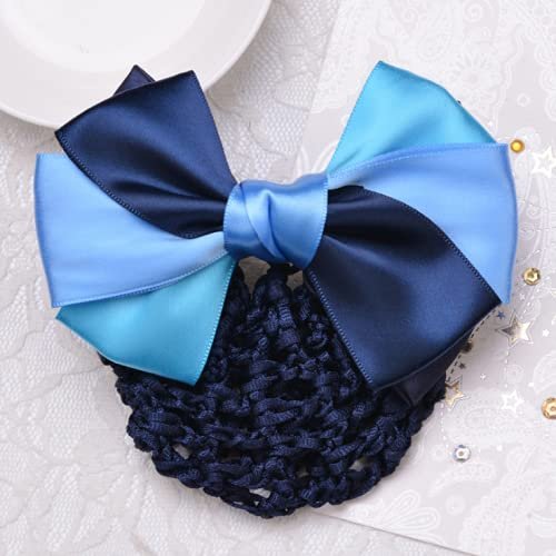 KDDOM Lady Bow Hair Bun Net,Professional Woman Bowknot Decor Barrette Snood Net Hair Clip(Blue)