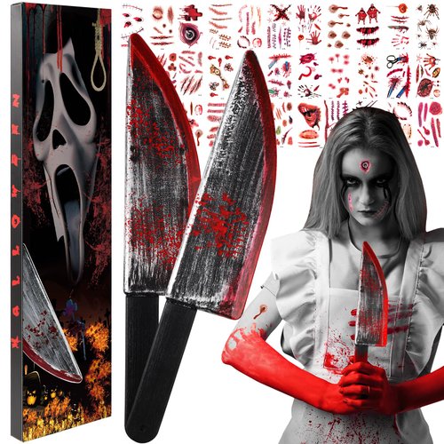 2Pcs Fake Chucky Knife with 30pcs Tattoo Stickers,Halloween Bloody Ghostface Props Toy Knife Set Horror Movie Scream Props Knife Scary for Halloween Costume Cosplay Accessories and Makeup Parties