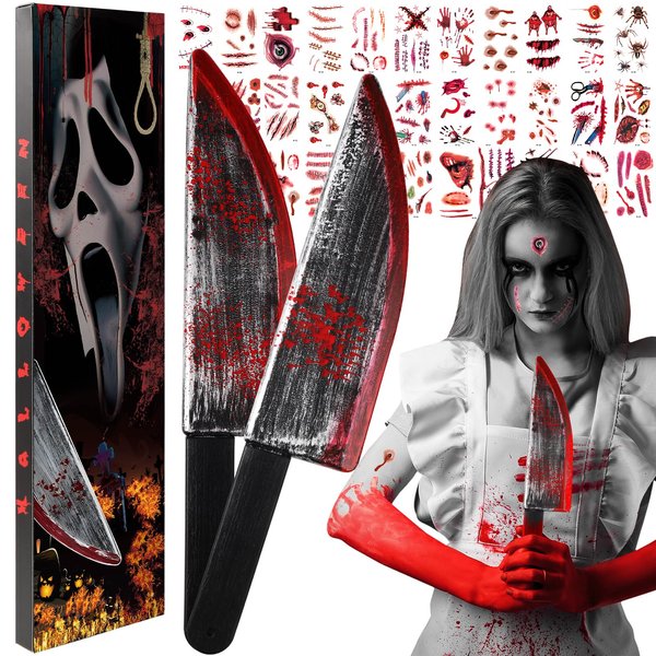 2Pcs Fake Chucky Knife with 30pcs Tattoo Stickers,Halloween Bloody Ghostface Props Toy Knife Set Horror Movie Scream Props Knife Scary for Halloween Costume Cosplay Accessories and Makeup Parties