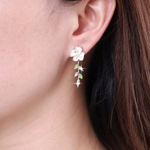Sttiafay Vintage Pearl Flower Earrings Crystal Leaf Drop Earrings Gold Pearl Stud Earrings White Enamel Flower Earrings Jewelry for Women
