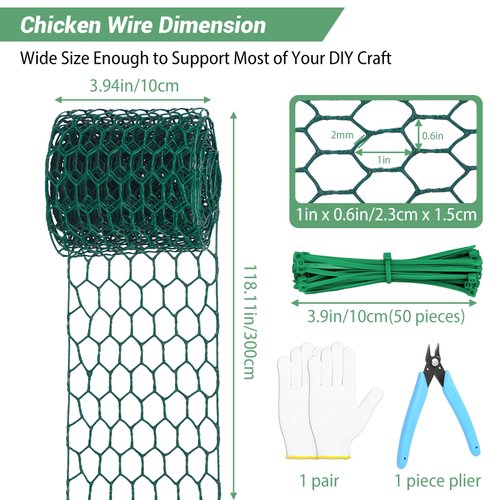 Floral Chicken Wire for Craft,4 x 118 Inch Lightweight Galvanized Hexagonal Chicken Wire Netting, 2mm Thickness Chicken Wire Fence for Garden Poultry, Chicken Wire Mesh with Gloves, Wire Ties, Plier