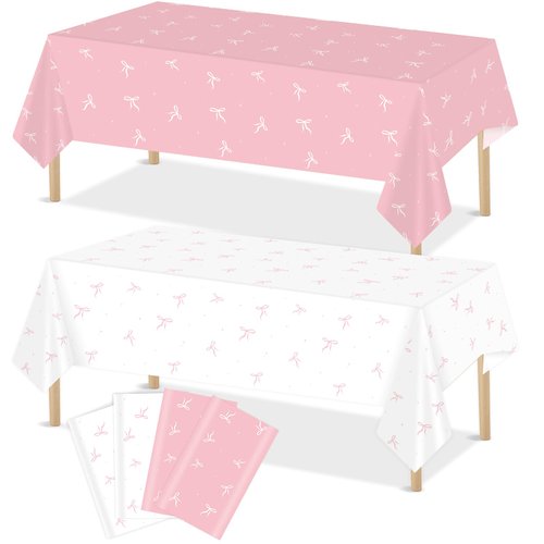 4 Pieces Pink Bow Tablecloths Bow Theme Tablecover Pink Bow Birthday Party Plastic Disposable Rec...