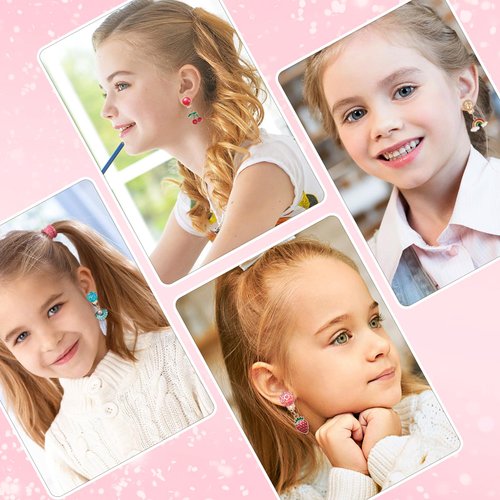 Clip on Earrings for Girls, 10 Pairs Kids Clip on Earrings, Cute Toddler Earrings Party Favor, Dangle Stick on Earrings for Little Girls Pretend Princess Play Jewelry Set