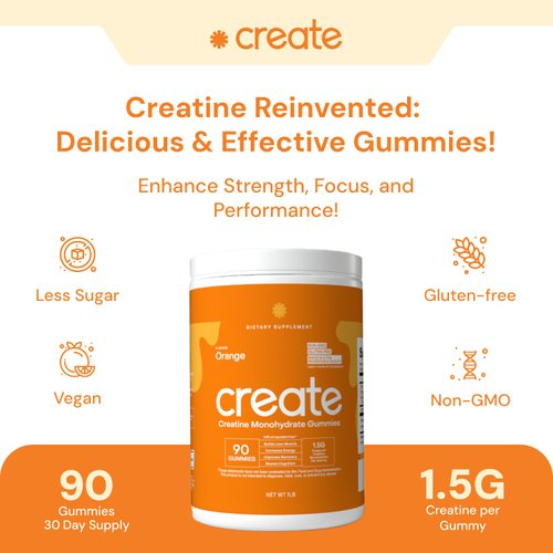 Create Creatine Monohydrate Gummies for Men & Women, Boost Focus, Strength, and Endurance, Anti-Melting Formula, Vegan, Gluten-Free, Non-GMO, 1.5g of Creatine per Gummy (Orange, 90 ct)