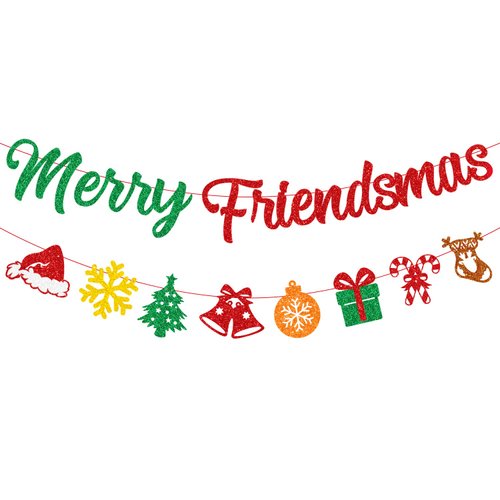 PTFNY Merry Friendsmas Banner Christmas Banner with Glittery Snowflake Hat Stockings Signs Friendsmas Decor Friends Themed Christmas Party Decorations for Wall Fireplace Party Decor Supplies