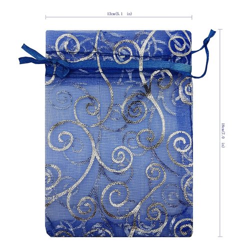 Ankirol 100pcs Sheer Organza Favor Bags For Wedding Baby Shower Rattan Print Gift Bags Samples Display Drawstring Pouches (5x7 inch, blue)