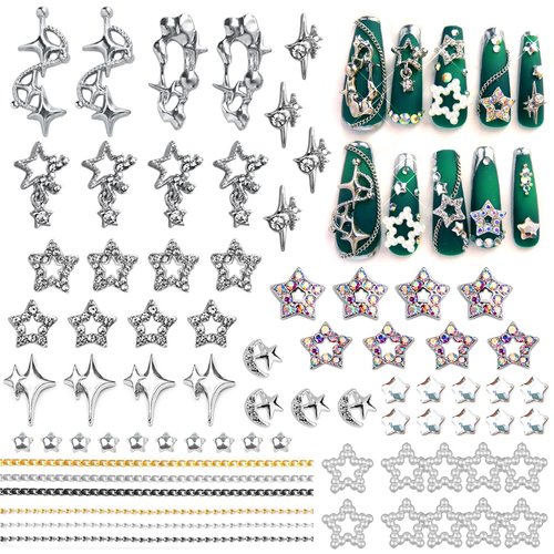 72Pcs 3D Star Nail Charms Rhinestones for Acrylic Nail Art Silver Dangling Star Charms Y2K Pendant Pearl Nail Chains Gems Jewels Crystal Diamond Alloy Nail Tip Manicure Decoration Supplies Craft DIY