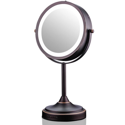 OVENTE 7'' Lighted Tabletop Makeup Mirror, 1X & 7X Magnifier, Spinning Double Sided Round LED, Great for Vanity, Bath, & Bedroom, Battery Powered, Antique Bronze MCT70ABZ1X7X