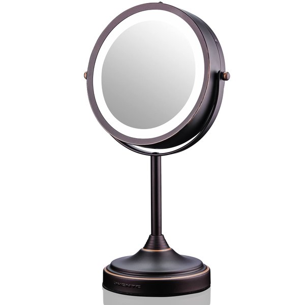 OVENTE 7'' Lighted Tabletop Makeup Mirror, 1X & 7X Magnifier, Spinning Double Sided Round LED, Great for Vanity, Bath, & Bedroom, Battery Powered, Antique Bronze MCT70ABZ1X7X