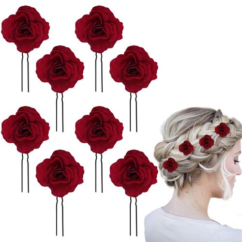 8 PCS Wine Red Rose Flower Hair Clips U Shape Rose Floral Bobby Pins,Vintage Rose Hair Accessories for Women Girls Party Beach Wedding(Wine Red)