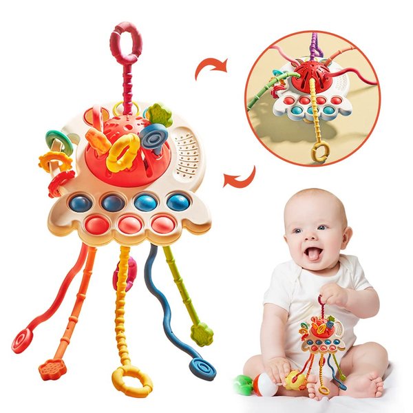 DaDaworld Montessori Toys for Toddlers, Montessori Baby Toys for 18 Months+ Octopus Shape Pull String Activity Toy Food Grade Silicone Sensory Toys for Toddlers, First Birthday Gift for Boys Girls