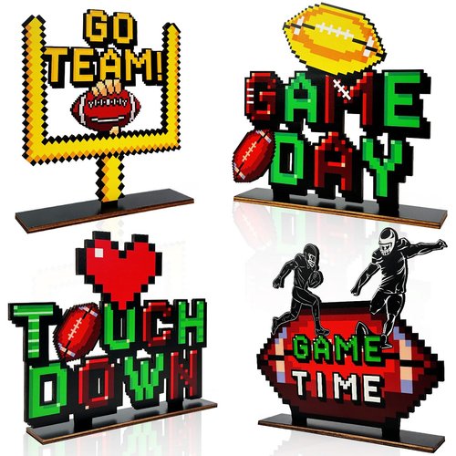 Football Party Decorations 4pcs Football Table Centerpieces Pixel Game Day Wooden Football Table Toppers for Go Team Touch Down Football Party Taligate Party Decorations