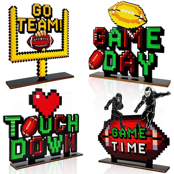 Football Party Decorations 4pcs Football Table Centerpieces Pixel Game Day Wooden Football Table Toppers for Go Team Touch Down Football Party Taligate Party Decorations
