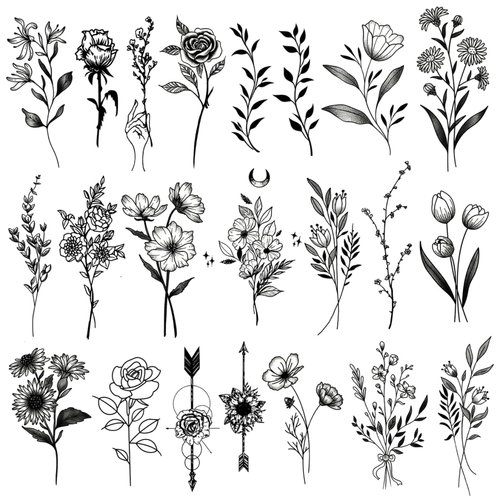 One Grace Medium Black Flower Temporary Tattoos - Realistic Long Lasting Waterproof Tattoos - Floral Bouquet Wild Plants and Branch Tattoos for Women and Men