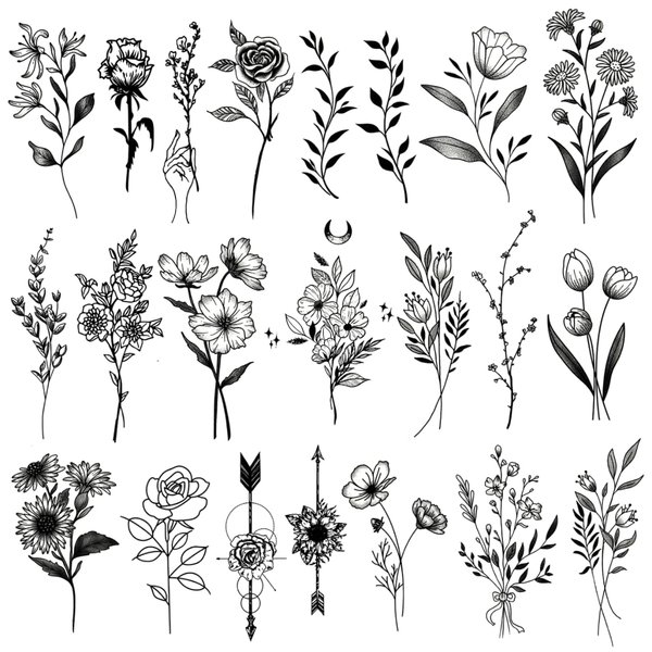 One Grace Medium Black Flower Temporary Tattoos - Realistic Long Lasting Waterproof Tattoos - Floral Bouquet Wild Plants and Branch Tattoos for Women and Men