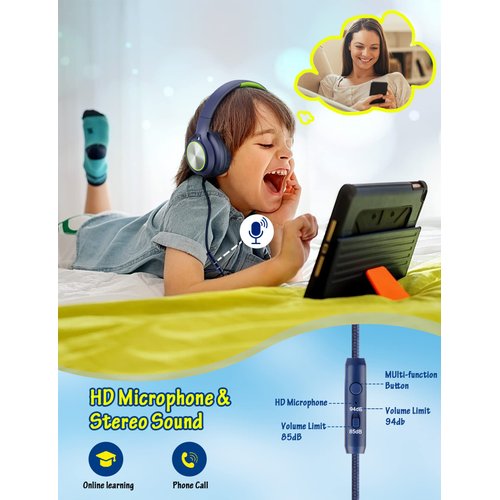 Kids Headphones with Cord , Wired Over Ear Headsets with Microphone Limited Volume 85dB/ 94dB, Portable Wired Headphones for Kids Boys Girls Teens Children Online School/Travel/iPad/Tablet/Cellphone