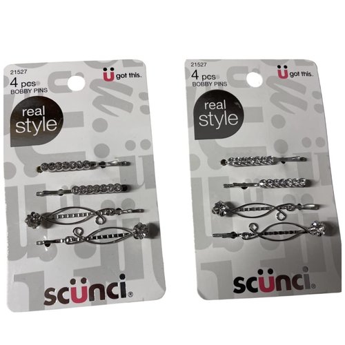scunci silver bobby pins with clear stones, 8 pcs (pack of 2), 21527