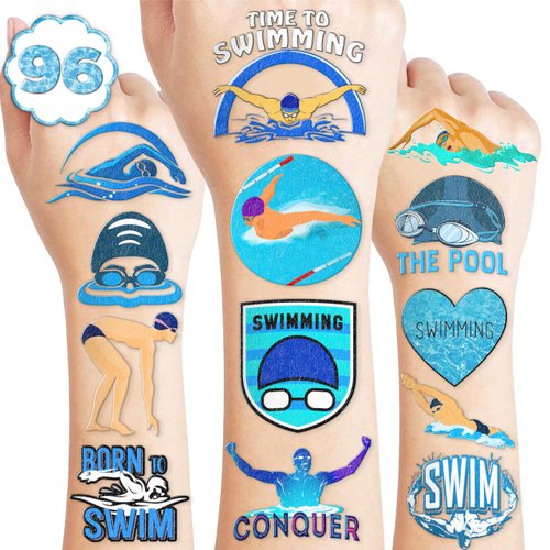 Swim Swimming Team Temporary Tattoos Stickers Summer Beach Pool Themed Birthday Party Decorations Favors Supplies Decor 100PCS Sport Tattoo Gifts For Swimmers Kids Boys Girls School Prizes Carnival