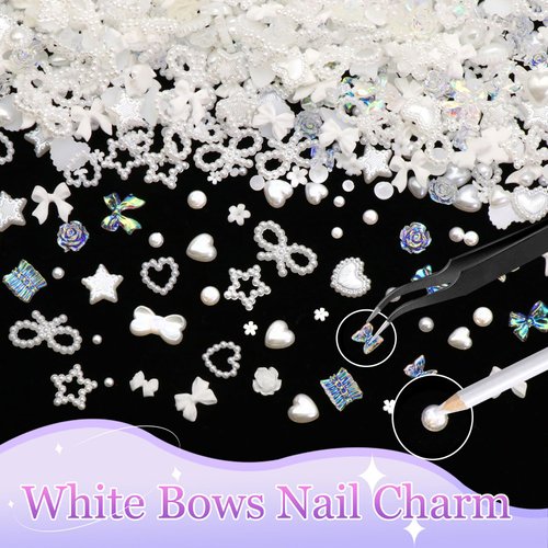BELICEY White Bow Nail Art Charms 1000PCS Multi Shapes Pearl Heart Flowers Bowknot Nail Jewels Charms Resin Kawaii Pretty Nail Charms for DIY Decorations Nail Art Design with Tweezer Pickup Pencil