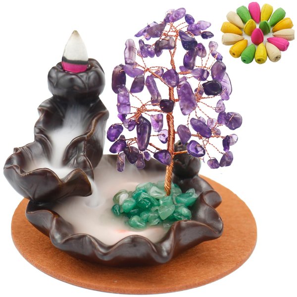 Ceramic Waterfall Incense Burner, Money Tree Backflow Holder Healing Crystal Stone, with 30 Cones + Stick for Yoga Meditation Home Zen Decoration(Amethyst)