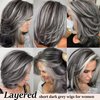 SEVENCOLORS Dark Grey Layered Wigs for Women Medium Length Gray Mixed White Wigs with Curtain Bangs Synthetic Hair Short Wavy Bob Wigs