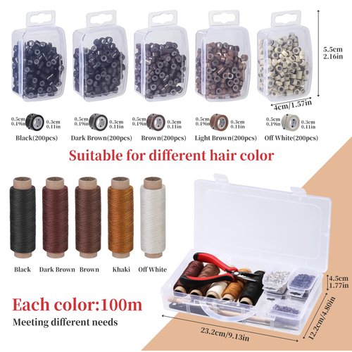 Fedmut Hair Extension Tools Kit, 5 Colors 1000Pcs Micro Silicone Rings Beads with Hair Extension Remove Pliers, Pulling Hook, Threads, Needle for Hair Extensions Hair Styling