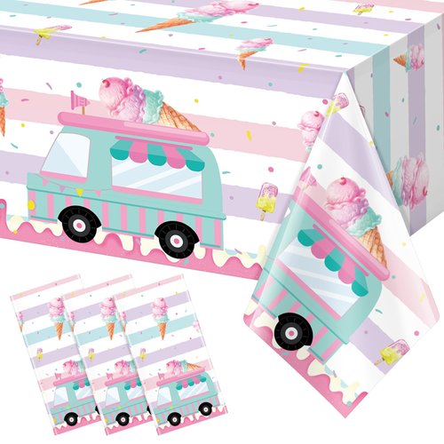 3 Pack Ice Cream Truck Tablecloth Party Decorations, Ice Cream Birthday Plastic Table Cloth Party Supplies, Disposable Rectangle Table Cover for Kids Sweet One Birthday Baby Shower, 54 x 108 Inch