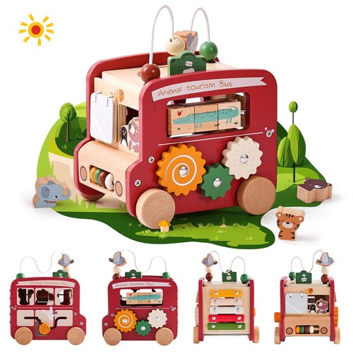 Wooden Activity Cube 8-in-1 Montessori Toys | Multifunctional Early Educational Learning Toys | Activity Cube for Baby Shape Sorter Xylophone Animal Travel Bus Toys Boy Girl Birthday Gift（Red Bus）