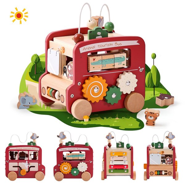 Wooden Activity Cube 8-in-1 Montessori Toys | Multifunctional Early Educational Learning Toys | Activity Cube for Baby Shape Sorter Xylophone Animal Travel Bus Toys Boy Girl Birthday Gift（Red Bus）