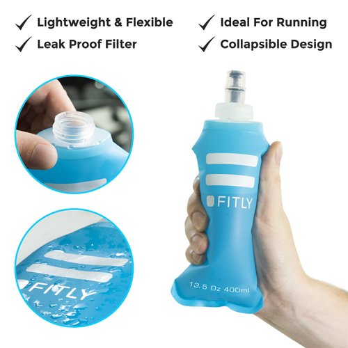 FITLY Soft Flask - 13.5 oz (400 ml) - Shrink As You Drink Pocket Soft Water Bottle for Hydration Pack/Running Vest- Folding Water Bottle for Running, Hiking, Cycling - Ski Water Bottles (FLASK400)