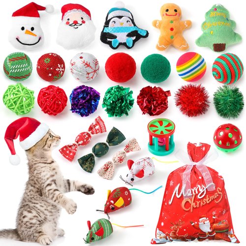 Shappy 31 Pcs Christmas Cat Toy Gifts Bag Set Assorted Toys Variety Cat Christmas Toys Xmas Gift Set for Kitten Kitty