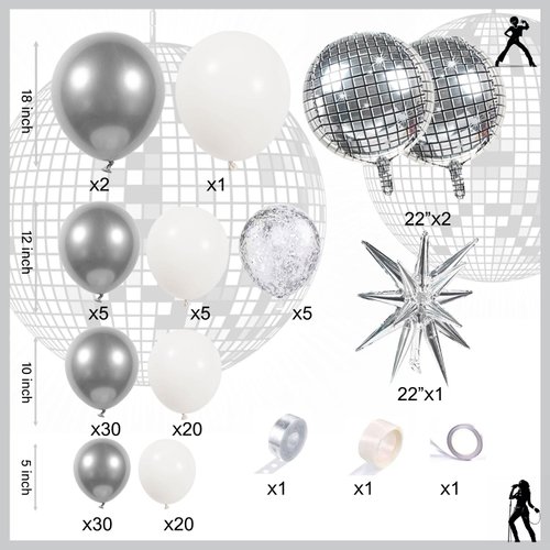 ECEAE Disco Party Balloon Garland Arch Kit 134 Pcs Metallic Silver Matte White Confetti Balloons Disco Balls Ideal for Adult Birthday Dancing Theme Decor Graduation Party Celebrity-Inspired Events