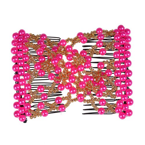 Ruihfas Delicate Women Girls Easy Stretch Pearls Combs Beaded Hair Comb Jewelry Double Clips (Rose)