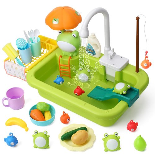 SINOMARS Kids Sink with Running Water, Play Sink with Automatic Water Cycle System,Fishing Game,Dish Rack and Play Food, Pretend Play Toddler Sink Toy Dishwasher for Boys Girls Toddlers 1-3