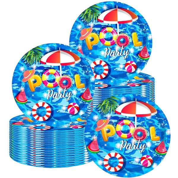 50 Pcs Pool Party Tableware Plates,Pool Party Supplies Beach Party Supplies,7"Summer Pool Party Paper Plates for Summer Beach Theme Pool Birthday Party Decorations