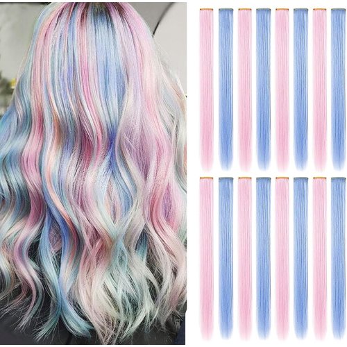 ECOCHARMS Princess Party Highlight Light Pink Light Blue Hair Pieces Colored Hair Extensions Clip in for America Girls and Kids Wig Pieces for Dolls(Light Bule Light Pink)