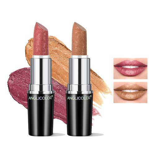 Anglicolor 2pcs Glitter Lipstick High Impact Lipcolor,Pink and Nude Lipstick Moisturizing Creamy Formula,Metallic Lipstick For Women For Vegan & Cruelty-Free,Full-Coverage Lip Color