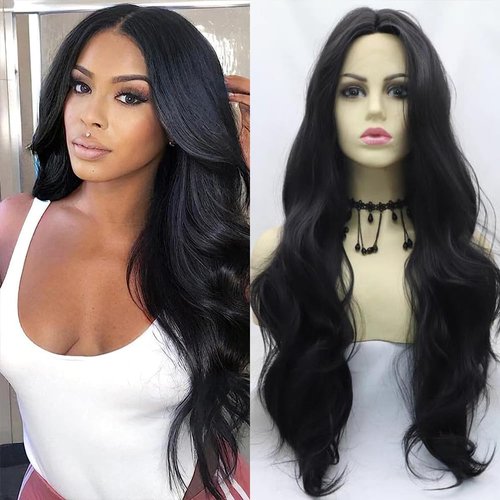 xiweiya Black Wig Long Natural Wavy 1b# Black Synthetic Lace Front Wigs Heat Resistant Fiber Hair Wig Natural Hairline Wig for Women 24inch