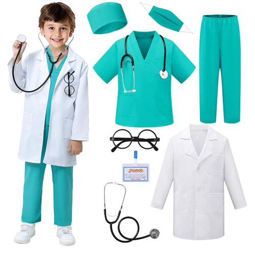 Doctor Costume for Kids - 8pcs Kids Scrubs with Lab Coat Dress Up Set, Halloween Costumes for Girls Boys, Toddler Halloween Costume Pretend Play Kit, Kids Dress Up Clothes Costume for Boys 3-10