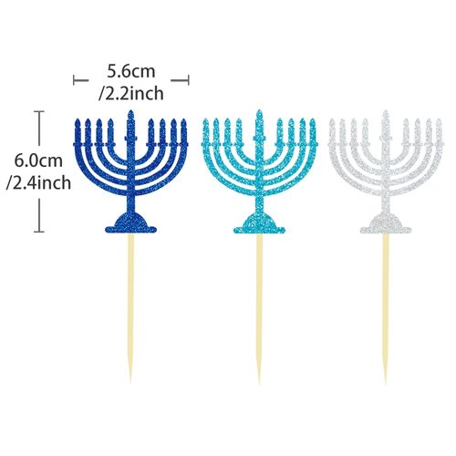 24Pcs Hanukkah Candlestick Cupcake Toppers, Glitter Blue Candlestick Decoration for Hanukkah Party Decorations Chanukkah Theme Party Supplies (candlestick)