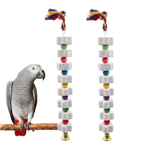 2 Pack Mineral Block Chew Toys for Birds, Parrot Toys with Colorful Beads and a Bell, Bird Beak Grinding Stone, Bird Toys, Cage Accessories for African Grey, Budgies, Cockatiels, Small to Medium Birds