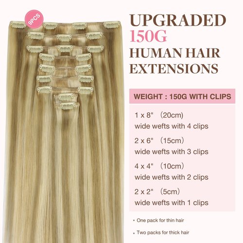 GOO GOO Clip in Hair Extensions Real Human Hair, 14inch 150g 9Pcs, 16/22 Light Blonde Highlighted Golden Blonde, Remy Human Hair Extensions Clip ins for Women, Natural Human Hair